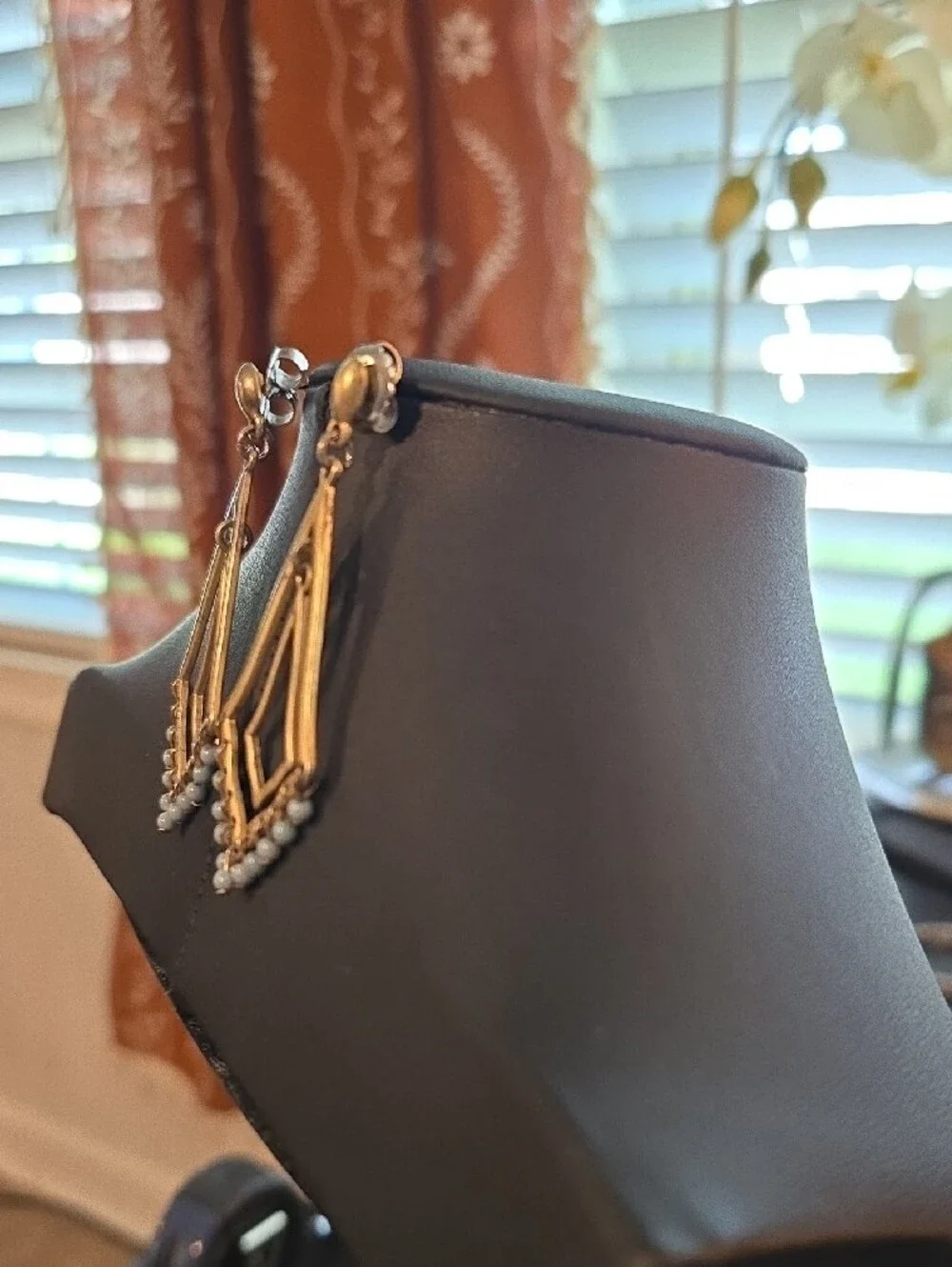 Gold-Tone Drop Earrings with Light Gray Bead Fringe